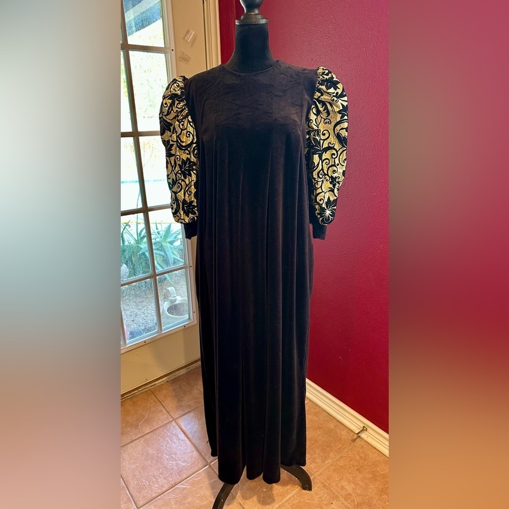 Vintage 80s David Brown Black Velvet Gold Puff Sleeve Evening Dress M - Picture 7 of 12